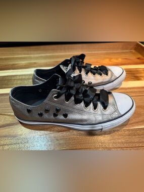 Converse Silver Low-Top Sneakers with Black Ribbon Laces and Heart Studs